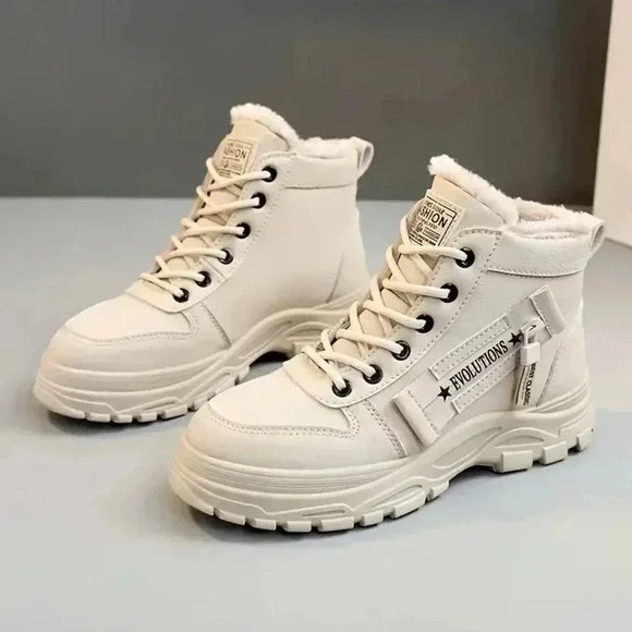 Women's Cream Combat Boots Ankle Zip Plush Lined Winter Casual - Picture 5 of 5